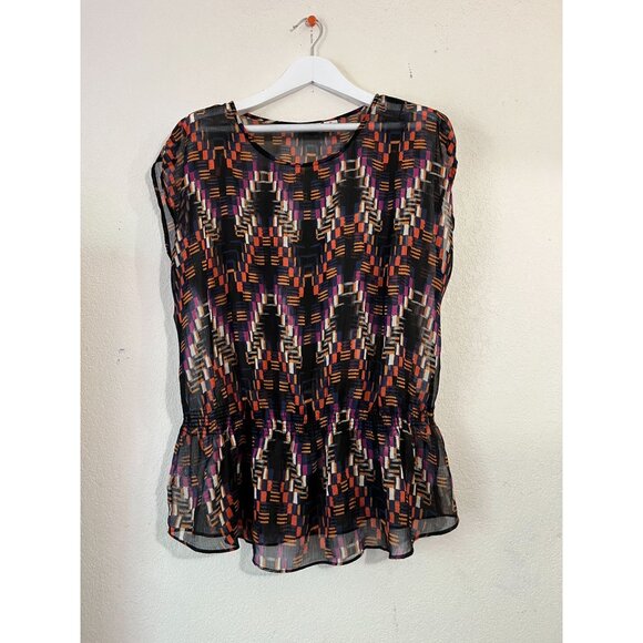Liz Claiborne Wowmens Plus Size 1X Sheer Printed Peplum Blouse Top Lightweight - Picture 1 of 9